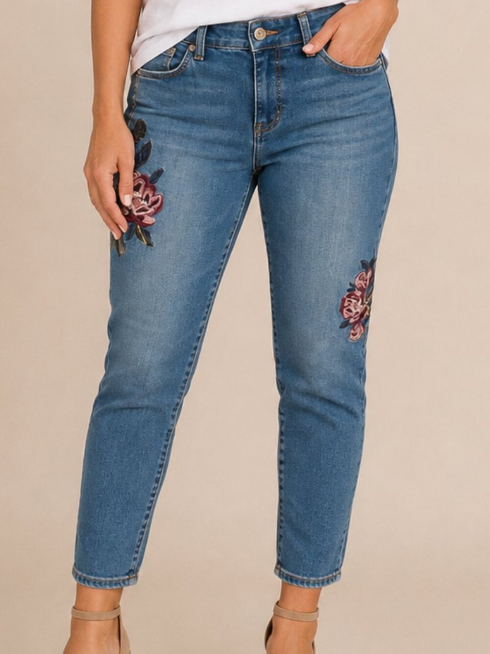 Talbots Y2K Floral Embroidered Flattering Slim Ankle Denim Jeans Cotton Size 10
